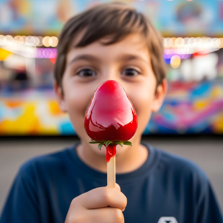 Boy eating a strawberry on a stick in the amusement park. Selective focus.の素材