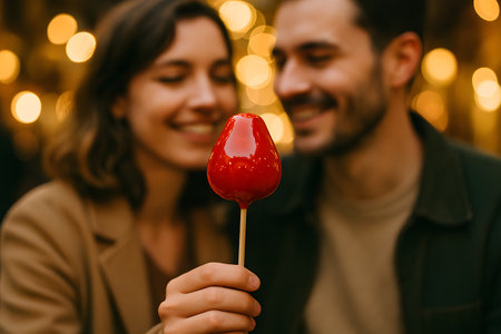 Couple in love with red lollipops on the background of Christmas lightsの素材