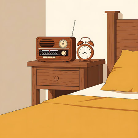 Illustration of a bedroom interior with a retro radio and a bedの素材