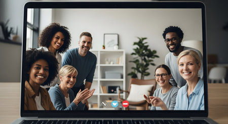 Group of multiethnic young people looking at laptop screen and smiling while sitting at homeの素材