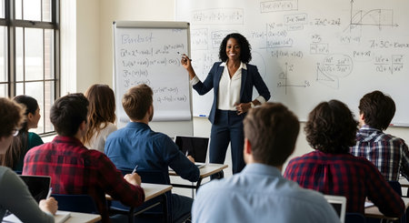 Portrait of young African-American female teacher giving a presentation in classroomの素材