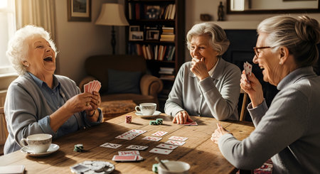 Cheerful senior women playing cards in the living room at homeの素材