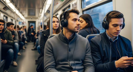 Group of young people listening to music with headphones in the subway.の素材