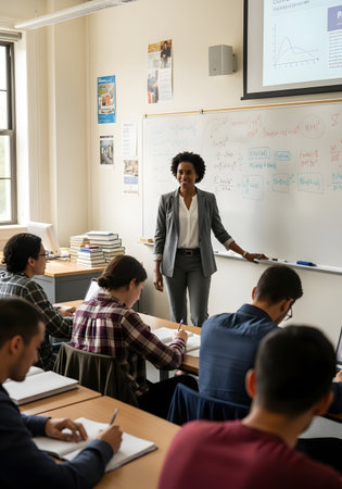 Female teacher giving presentation to students in classroom, back to school conceptの素材
