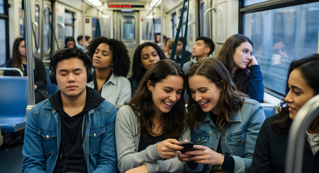 Group of young people using mobile phone while riding in the train.の素材