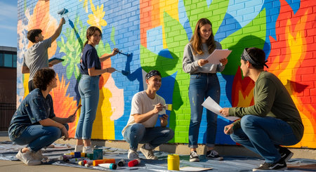 Group of young people painting graffiti on the wall at the street.の素材