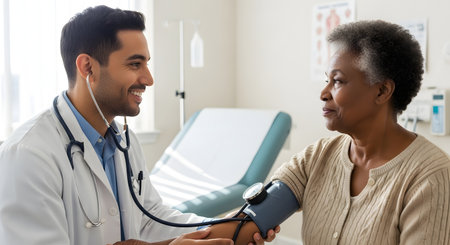 Doctor measuring blood pressure of african american woman in clinic. Doctor measuring blood pressure of african american woman. Healthcare and medicine conceptの素材