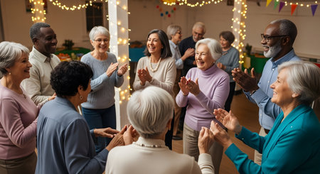 Group of senior people applauding during a party in a retirement homeの素材