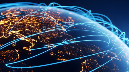 Global network connection over the planet Earth. 3D rendering toned imageの素材