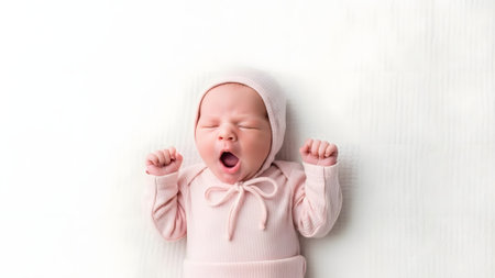 Newborn baby girl in pink clothes sleeping on a white background.の素材
