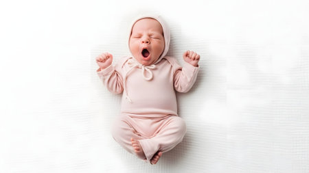 Newborn baby girl in a pink bodysuit on a white backgroundの素材