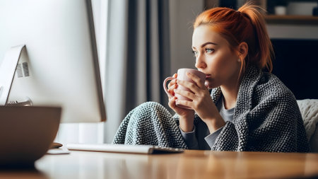 Young redhead woman sitting in front of computer and drinking coffee.の素材