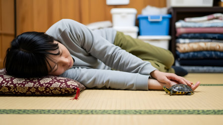 Asian woman sleeping on the floor and looking at a turtle in the roomの素材