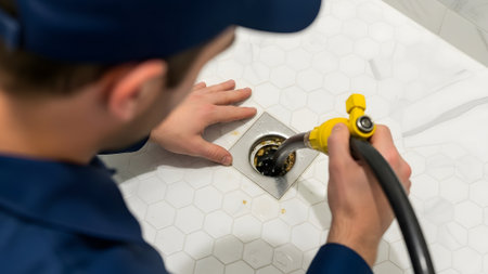 High angle view of a plumber repairing a sink in a bathroomの素材
