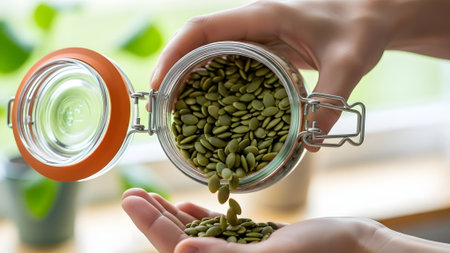 Close-up of woman's hands holding jar with green coffee beansの素材