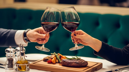 cropped view of man and woman holding glasses of red wine at restaurantの素材