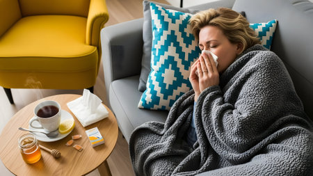 sick woman lying on sofa and sneezing in tissue at homeの素材