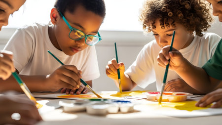 multicultural kids painting with paintbrushes at table in art schoolの素材