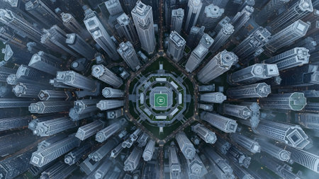 3d illustration of futuristic city with skyscrapers and high-rise buildingsの素材