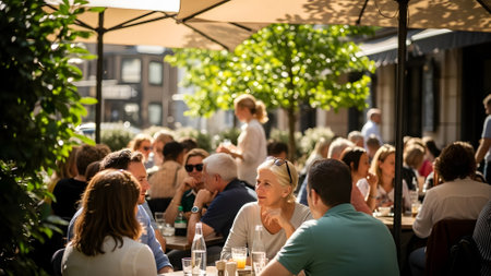 Group of people sitting in outdoor cafe, drinking beer and talking.の素材