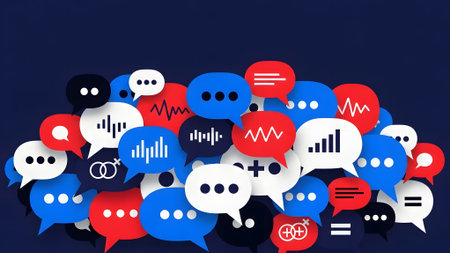 Colorful speech bubbles with icons on blue background. Vector illustration.の素材