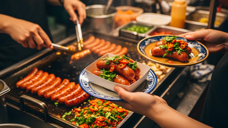Close-up of female hands holding plate with sausages and vegetablesの素材