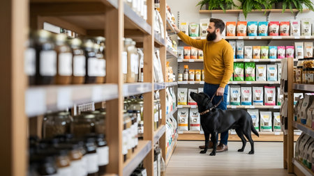 Young male owner of pet store with black dog in front of shelvesの素材