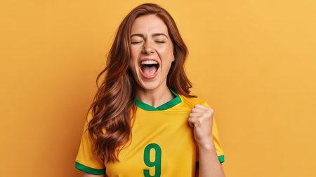 Excited young female football fan in yellow t-shirt screaming and clenching fistsの素材