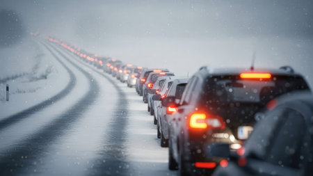 Traffic jam on a snowy winter road. Blurred background.の素材