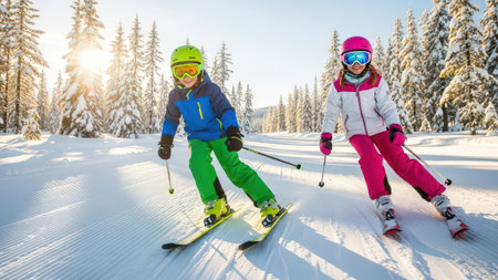 Two young skiers having fun on the ski slope in the mountainsの素材
