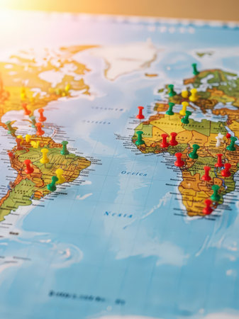 Map of the world with pins. Selective focus. Travel concept.の素材