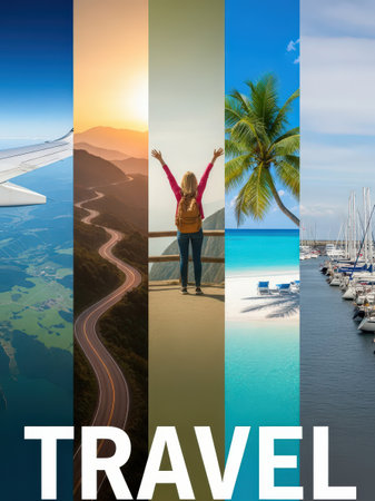 Travel concept illustrated by pictures on background of sea, islands and skyの素材