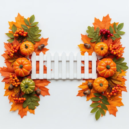 This image features an autumn decoration consisting of pumpkins, colorful autumn leaves, and berries arranged around a white picket fence. The decoration is set against a transparent background, making it suitable for various design applications. The vibrant colors of the leaves and pumpkins contrast beautifully with the white background, creating a festive and inviting atmosphere.の素材