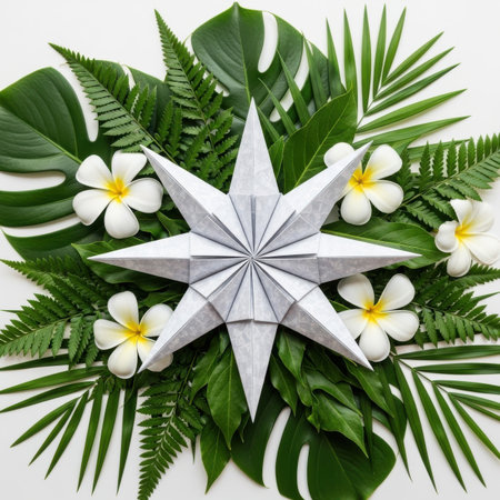 This image features an origami star surrounded by tropical flowers and lush green leaves, set against a transparent background. The origami star is the central focus, with white frangipani flowers and various green leaves creating a natural frame around it. The image is ideal for design and craft projects.の素材