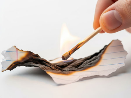 This image features a close-up of a burning matchstick making contact with a piece of paper, causing it to burn. The scene is set against a transparent background, making the focus entirely on the interaction between the matchstick and the paper. The image is clear and SEO-friendly, highlighting the dramatic effect of fire on paper.の素材
