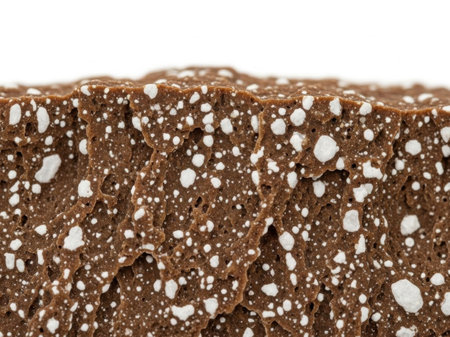 This image features a close-up view of a chocolate cake slice with white chocolate chips scattered throughout. The cake has a rich, dark brown color and a textured surface. The image is set against a white background and has a transparent background, making it suitable for various design applications. This high-quality image is ideal for use in baking, dessert, and culinary contexts.の素材