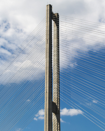 Pivdennyi Bridge tower with cables on the river Dnipro in Kyivの写真素材