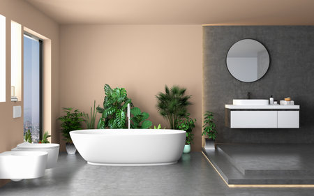 Corner of modern bathroom with beige walls, concrete floor, comfortable bathtub and round mirror. 3d renderingの写真素材