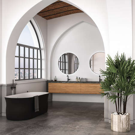Modern mid century and minimalist bathroom, brick ceiling, modern bathroom cabinet and black-white bathtub on concrete floor. 3d renderingの写真素材