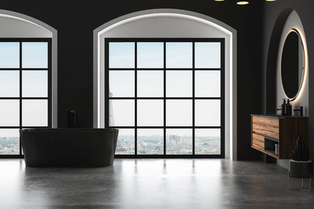 Dark bathroom interior with concrete floor, arches, black toilet and oval mirror, side view. Minimalist black bathroom with modern furniture. 3d renderingの写真素材