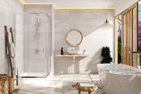 Luxury bathroom interior with bathtub and mirror, 3d renderの写真素材