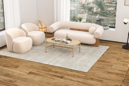 Modern living room interior with white sofa and coffee table. 3d render