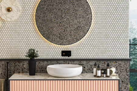 Interior of modern bathroom with gray and white marble walls, concrete floor, comfortable white bathtub and round mirror above it. 3d renderingの写真素材