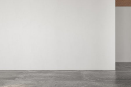 Realistic 3D rendering of empty room, beautiful sunlight and window frame shadow on black blank wall, white wall. concrete floor, wooden ceiling. Background, Interior. Front view.Mock up.の写真素材