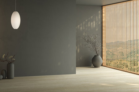 Modern bright minimalist interior dark blank wall in living room, dry plants in vases. 3d render illustration mock up.の素材