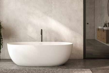 Modern bathroom interior with white bathtub and concrete floor. 3d render