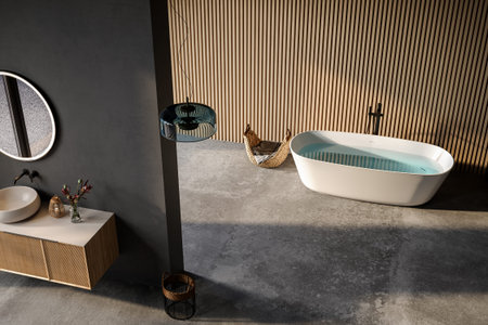 Comfortable bathtub and vanity with basin standing in modern bathroom black blue and wooden walls...