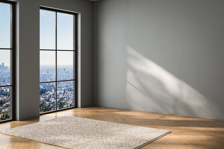 empty living room with blue tones wallの写真素材