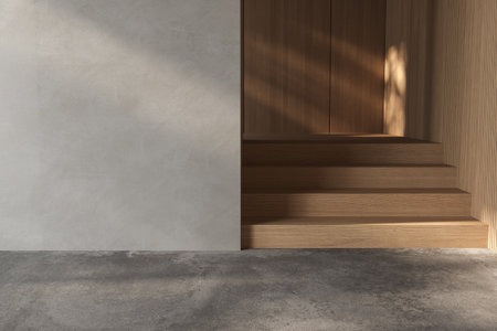 Modern contemporary loft empty room. There are wooden stair plank wall and ceiling and blank concrete wall for copy spaceの写真素材