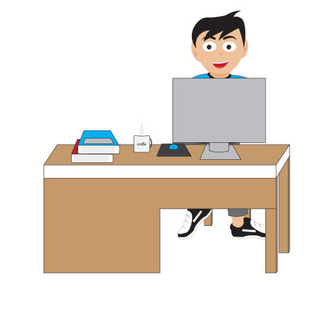 Working with computer in office with hot cup of coffee. Design Vector Illustrationのイラスト素材